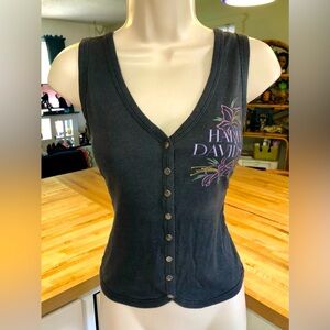 Vintage HARLEY-DAVIDSON Black Snap-Front Tank Top LANCASTER CA Medium